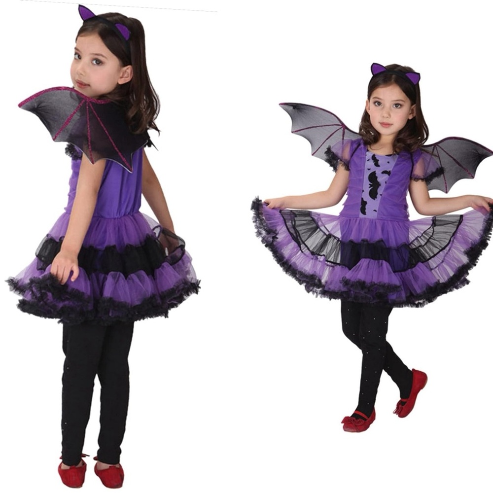 NWT‎ Girls Bat Witch Costume Halloween Cosplay Fancy Dress Up with Bat Wings XL